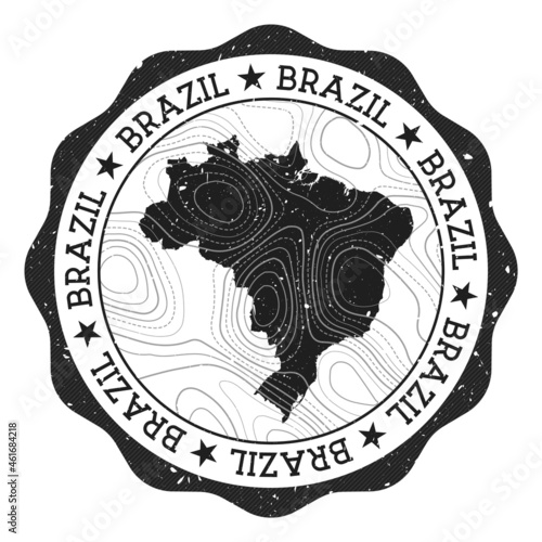 Brazil outdoor stamp. Round sticker with a map of the country featuring topographic isolines. Vector illustration. Can be used as an insignia, logotype, label, sticker, or badge of Brazil.