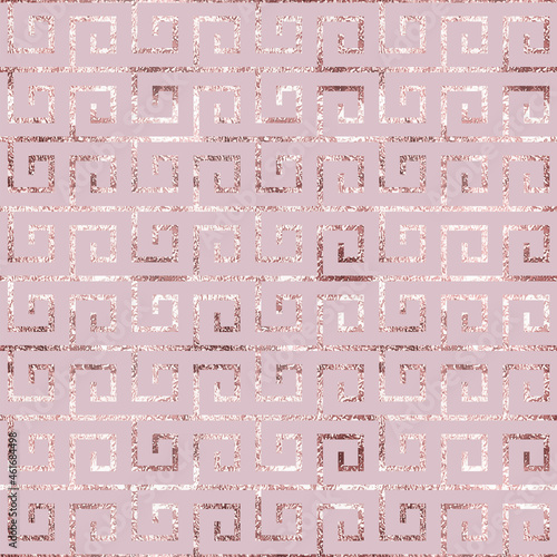 Abstract seamless pattern. Geometric greek background. Rose gold marble with effect foil. Repeated greece design for prints. Repeating grecian printing. Roman tiles. Meander decorative printed. Vector