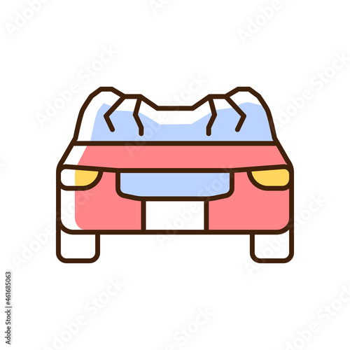 Car roof damage RGB color icon. Rollover accident. Auto collapse. Equipment failure. Automobile roof displacement. Motor vehicle accident. Isolated vector illustration. Simple filled line drawing