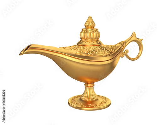 Golden magic lamp on a white background, 3d render photo