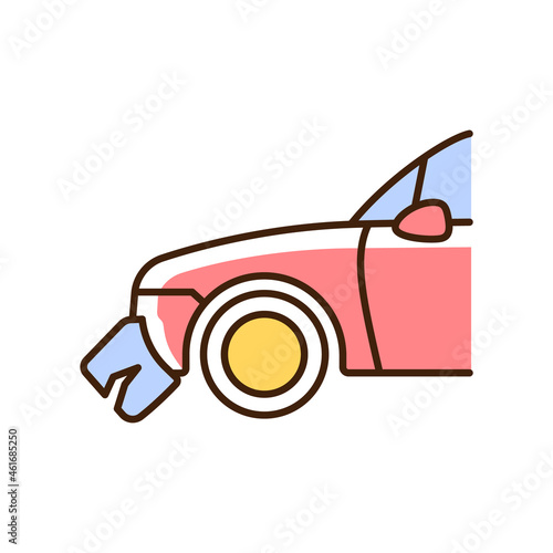 Broken bumper RGB color icon. Car crash. Visible external damage. Striking another vehicle. Rear-end collision. Auto with scratched bumper. Isolated vector illustration. Simple filled line drawing
