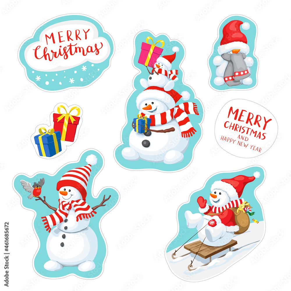 Fototapeta premium Vector stickers set with snowmen with a gift. Cute Christmas sticker with two snowmen. Greeting Illustration for Christmas design.