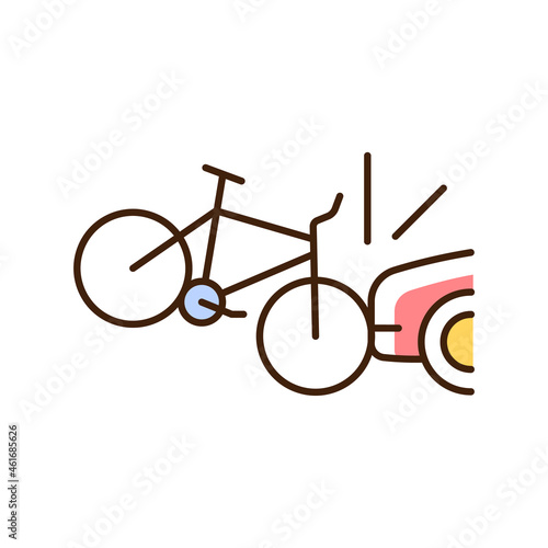 Car collision with cyclist RGB color icon. Accident with bicyclist and driver. Riding on public roadways. Car-on-bike collision. Bicycle crash. Isolated vector illustration. Simple filled line drawing