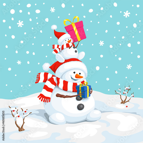 Vector snowman with a gift. Snowman greeting. Cute Christmas greeting card with two snowmen. Greeting card with snowmen and snowfall. Illustration for Christmas design.