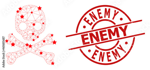 Death skull star mesh net and grunge Enemy seal stamp. Red seal with distress surface and Enemy word inside round shape. Enemy stamp seal uses round form, red color.