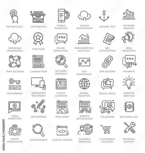 Outline web icons set - Search Engine Optimization. Thin line web icon collection.