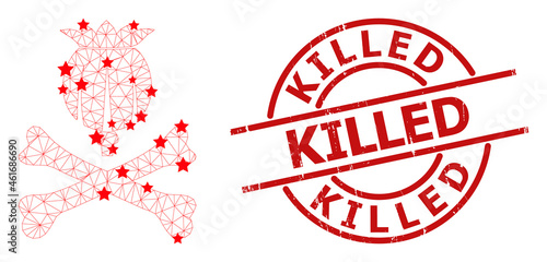 Mortal opium star mesh network and grunge Killed stamp. Red stamp with corroded style and Killed caption inside round shape. Killed stamp seal uses round shape, red color.