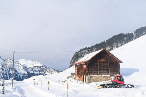 beautiful white landscape, high mountains Swiss Alps, wide alpine winter road cleared, large snowdrifts on the side, Healthy Lifestyle Concept, Winter Activity, travel by car © kittyfly