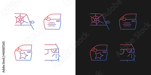 Auto accident types gradient icons set for dark and light mode. Windscreen damage. Scratch on car. Thin line contour symbols bundle. Isolated vector outline illustrations collection on black and white