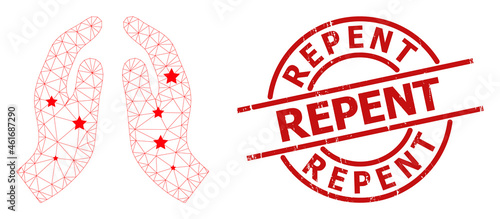Pray hands star mesh network and grunge Repent stamp. Red stamp with corroded texture and Repent caption inside round shape. Repent stamp uses round form, red color.