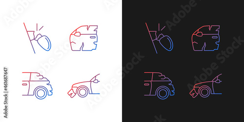 Auto body damage gradient icons set for dark and light mode. Scratches in vehicle exterior. Thin line contour symbols bundle. Isolated vector outline illustrations collection on black and white