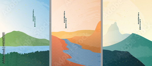 Vector illustration. Abstract background. Japanese linear pattern design. Vintage art. Retro graphic. Mountain design for poster, magazine, brochure, layout. Brush stroke drawn illustration. Wall art