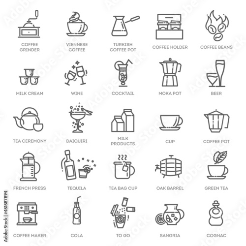 Drink - thin line web icon set. Outline icons collection. Simple vector illustration.