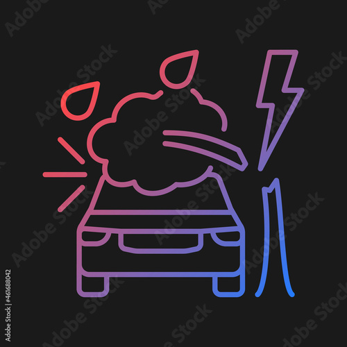 Weather related damage gradient vector icon for dark theme. Tree falling on car. Outdoor parking. Windscreen damage. Thin line color symbol. Modern style pictogram. Vector isolated outline drawing