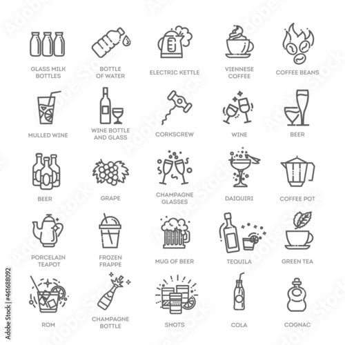 Drink - thin line web icon set. Outline icons collection. Simple vector illustration.
