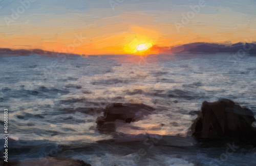 Painting of sunset on Adriatic Sea coast in Croatia. Beautiful Croatian landscape painted on canvas texture for background design