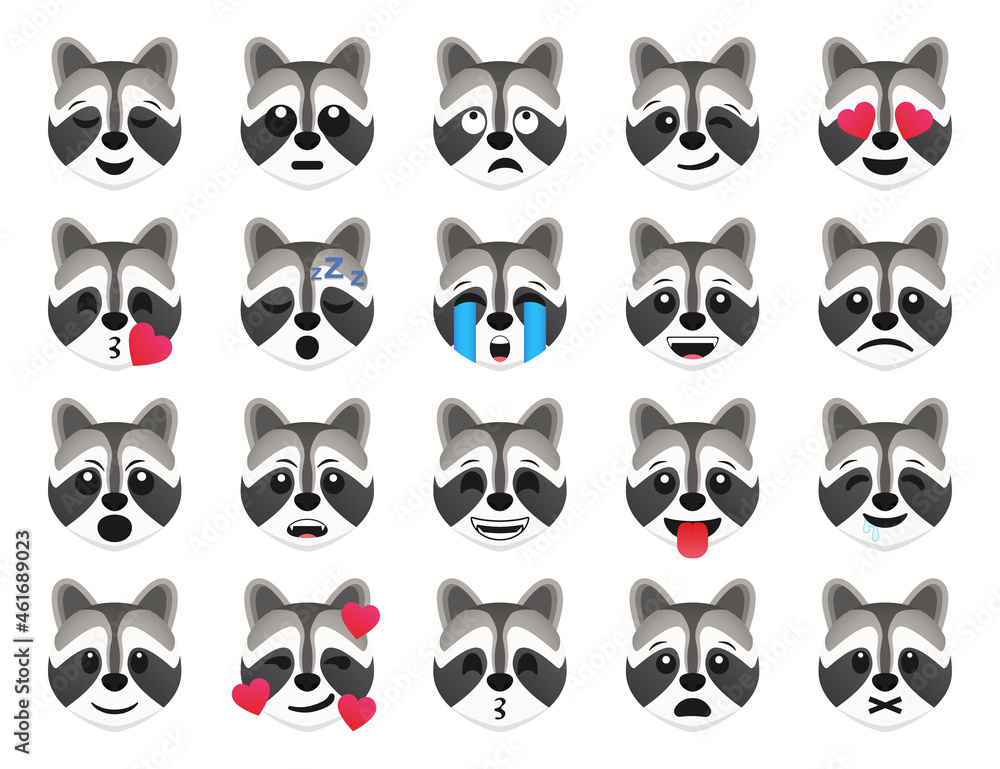 Racoon emoticon smile icons collection. Cartoon racoon emoji set. Vector emoticon set