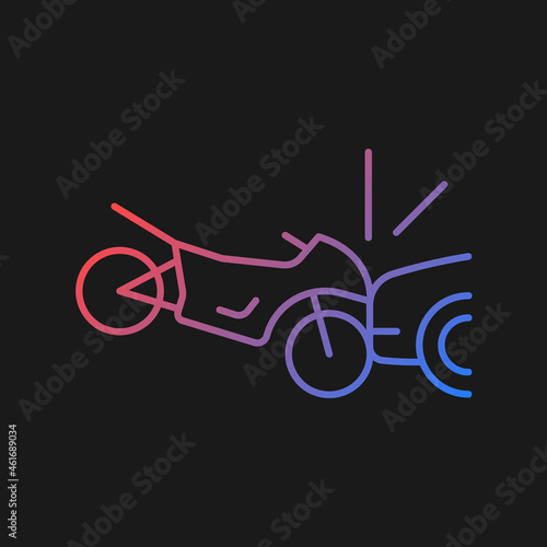 Collision with motorcycle gradient vector icon for dark theme. Dangerous situation for motorcyclist. Car accident. Thin line color symbol. Modern style pictogram. Vector isolated outline drawing