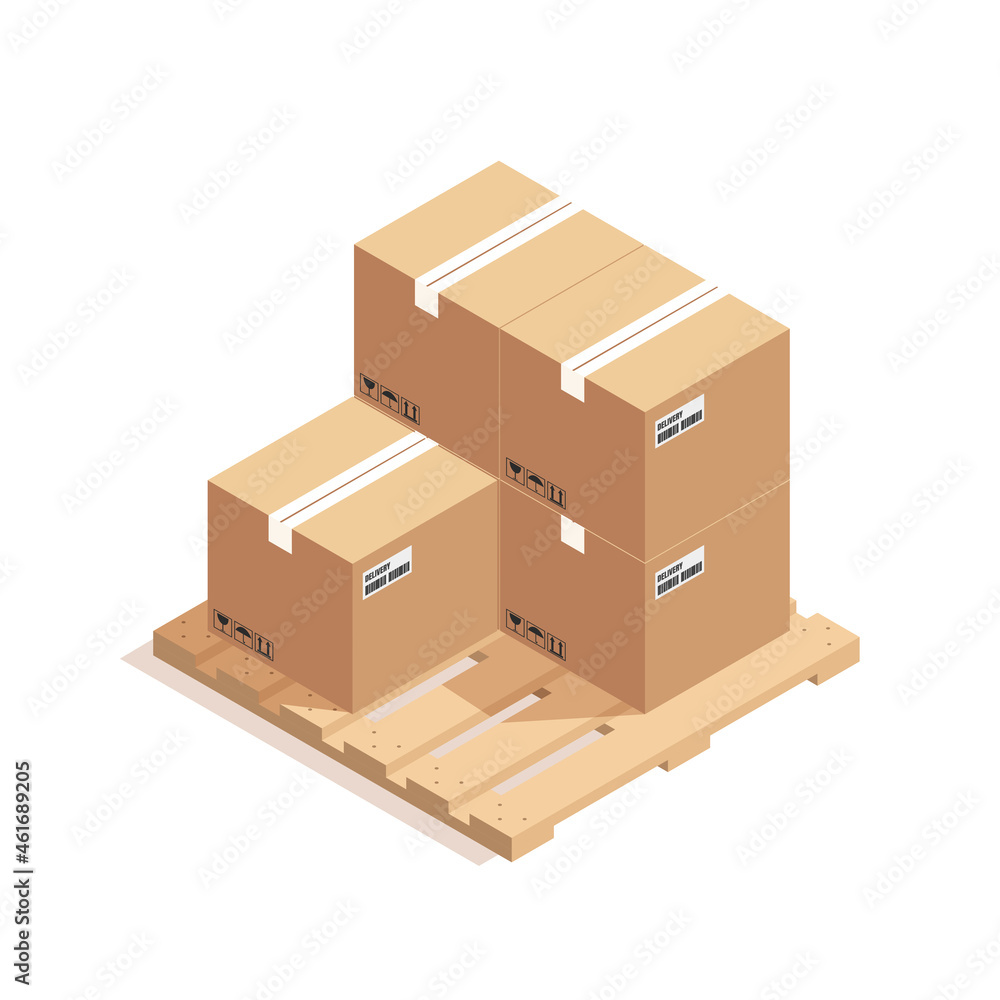 Brown closed carton delivery packaging box with fragile signs on wooden pallet isolated on white background vector Brown closed carton delivery packaging box with fragile signs on wooden pallet isolated on white background vector