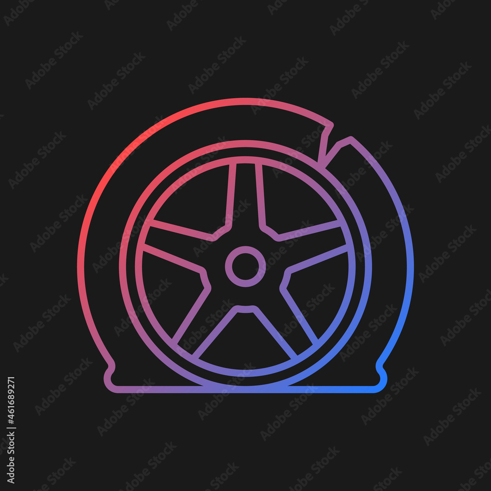Tyre damage gradient vector icon for dark theme. Vehicle accident. Car tire defects. Bad road conditions. Tire blowout. Thin line color symbol. Modern style pictogram. Vector isolated outline drawing Tyre damage gradient vector icon for dark theme. Vehicle accident. Car tire defects. Bad road conditions. Tire blowout. Thin line color symbol. Modern style pictogram. Vector isolated outline drawing