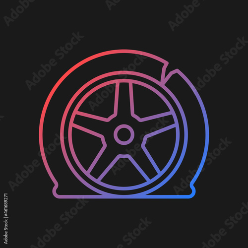 Tyre damage gradient vector icon for dark theme. Vehicle accident. Car tire defects. Bad road conditions. Tire blowout. Thin line color symbol. Modern style pictogram. Vector isolated outline drawing