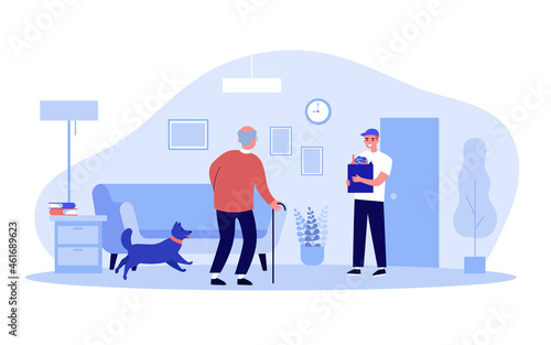 Volunteer delivering groceries for senior man. Support to old man with cane from boy flat vector illustration. Care for elderly, social awareness concept for banner, website design or landing web page