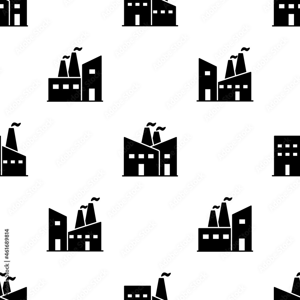 Factory plantation seamless pattern. Vector manufacture industrial illustration for backgrounds. Black silhouette vector repeatable ornament isolated on white background.