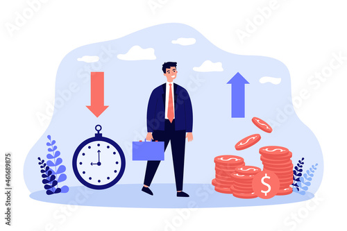 Effective time management of businessman for making money. Financial growth of profit for tiny character flat vector illustration. Time is money concept for banner, website design or landing web page