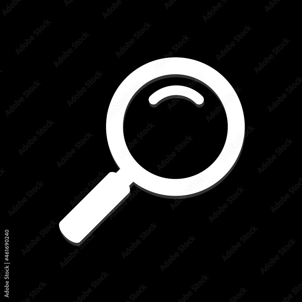 Magnifying glass icon isolated on black background. Search icon in flat style. Magnifying glass icon for search and zoom symbol, sign, ui and magnifier logo. Modern magnifying glass vector Magnifying glass icon isolated on black background. Search icon in flat style. Magnifying glass icon for search and zoom symbol, sign, ui and magnifier logo. Modern magnifying glass vector