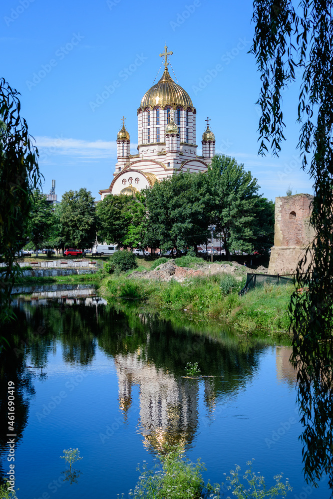 Sfantul Ioan Botezatorul Orthodox Cathedral in the center of Fagaras city, in Transylvania (Transilvania) region, Romania in a sunny summer day.