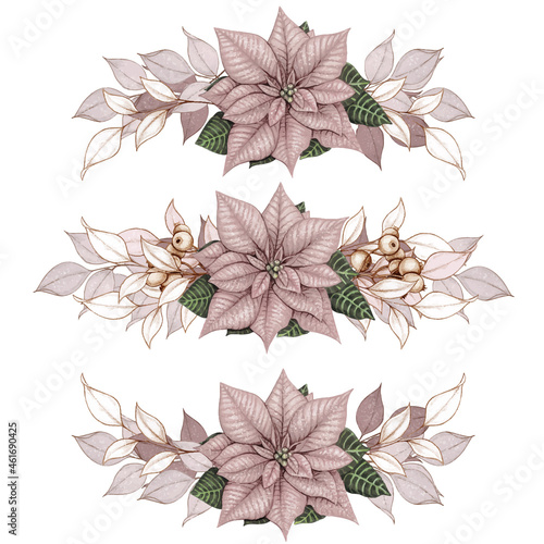 Watercolor shabby chic beige poinsettia christmas elements