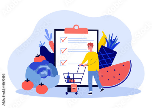 Customer buying food products with checklist. Tiny man with supermarket trolley flat vector illustration. Shopping list app for grocery store concept for banner, website design or landing web page