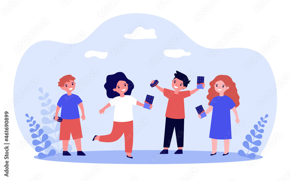 Fototapeta premium Happy kids eating sweet food together. Friends holding cookie and chocolate bar in hand flat vector illustration. Childs love of desserts concept for banner, website design or landing web page