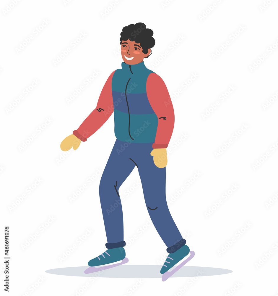 A young African-American is skating in warm winter clothes. Winter sports. Flat colorful illustration