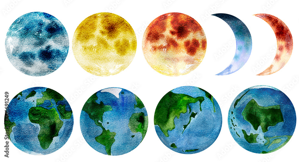 Planet earth and moon with large watercolor texture. Template for decorating designs and illustrations.	