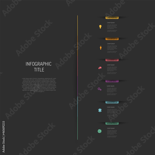 Six vertical elements infographic with color bookmarks - dark version
