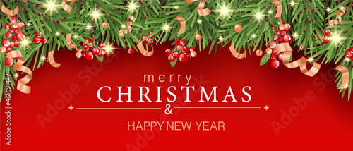 Merry Christmas and Happy New Year banner with pine branches, berries and confetti on red background. For backgrounds, posters, advertisements, cards, web banners, sale banner, Christmas sale.