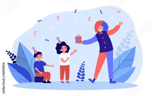 Smiling clown congratulating two happy kids with birthday. Overjoyed comic person entertaining greeting children presenting gift box. Flat vector illustration. Anniversary.