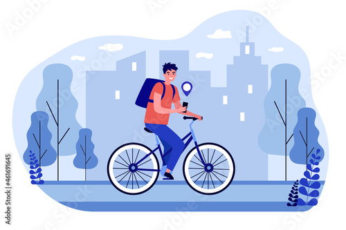 Courier on bike delivering order using GPS. Man deliveryman riding bicycle getting products tracking address online on smartphone app. Delivery service concept. Flat cartoon vector illustration.