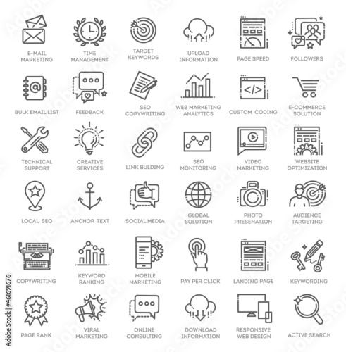 Outline web icons set - Search Engine Optimization. Thin line web icon collection.