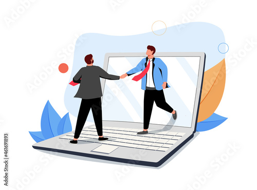 Two business partners shaking hands on laptop computer screen. Concept of online deal, smart contract, digital agreement