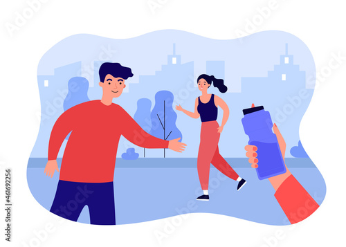 Water bottle for jogger on run in city park. Hand holding water for drinking and hydrating flat vector illustration. Healthy sport, hydration concept for banner, website design or landing web page