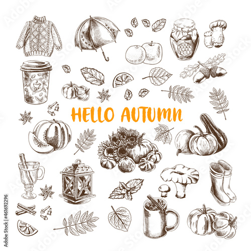A vintage vector illustration set of fall icons. Hand-drawn illustration with  umbrella, pumpkins, rubber boots, sweater, honey, apples, mint, mulled wine, spices, cinnamon, coffee, tea, leaves, lemon
