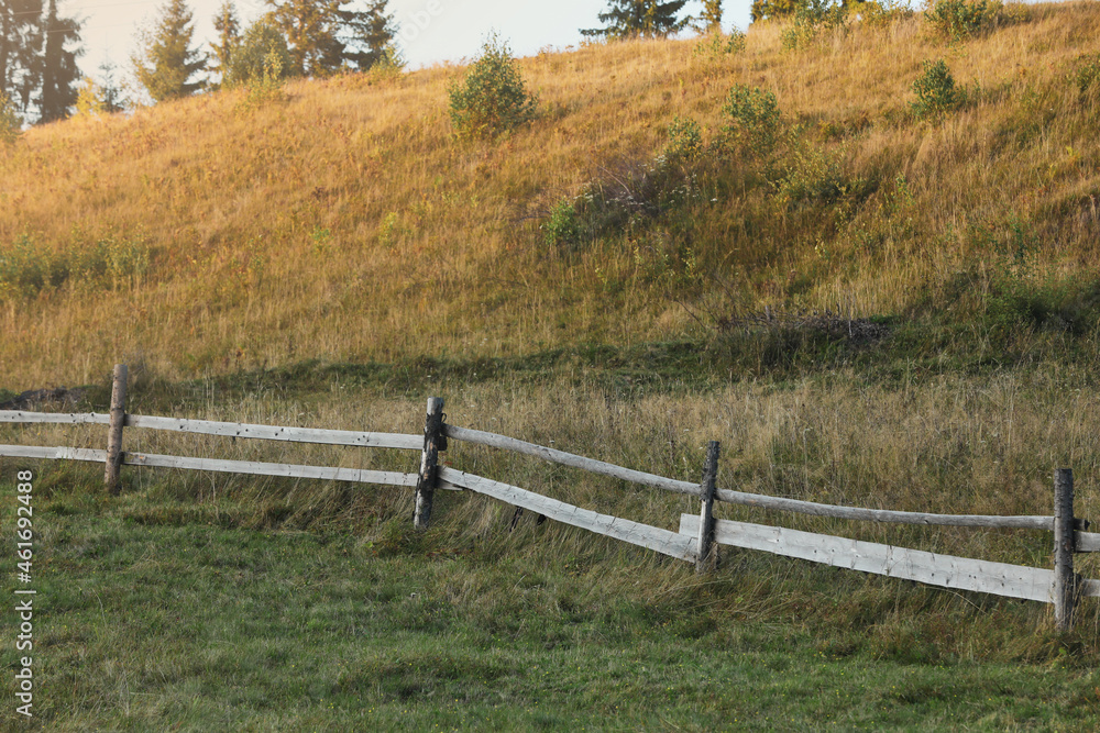 Fototapeta premium Old wooden fence and green grass outdoors