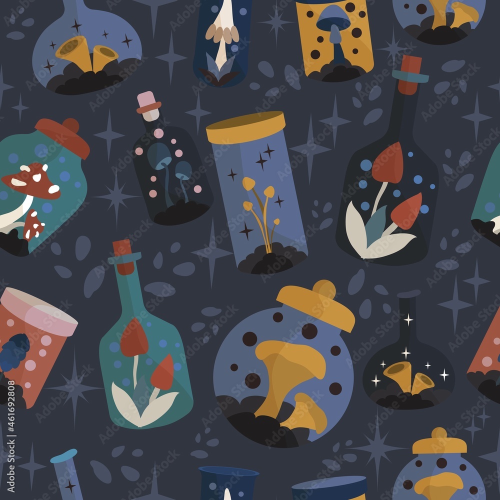 Seamless pattern of potion bottles. Vector icons of small flasks, magic elixir in glass flasks. Witch poison, love potion, Halloween. Different, magical mushrooms. A set for alchemy. Design for games.