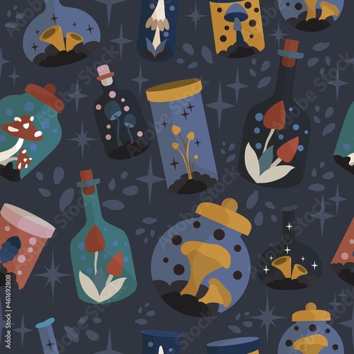 Seamless pattern of potion bottles. Vector icons of small flasks  magic elixir in glass flasks. Witch poison  love potion  Halloween. Different  magical mushrooms. A set for alchemy. Design for games.