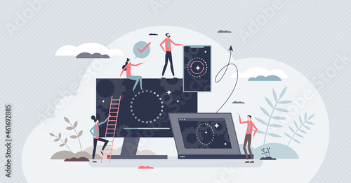 Software data update with system refresh to new version tiny person concept. Backup and installation file download for operating app development or change vector illustration. Device status bar circle photo