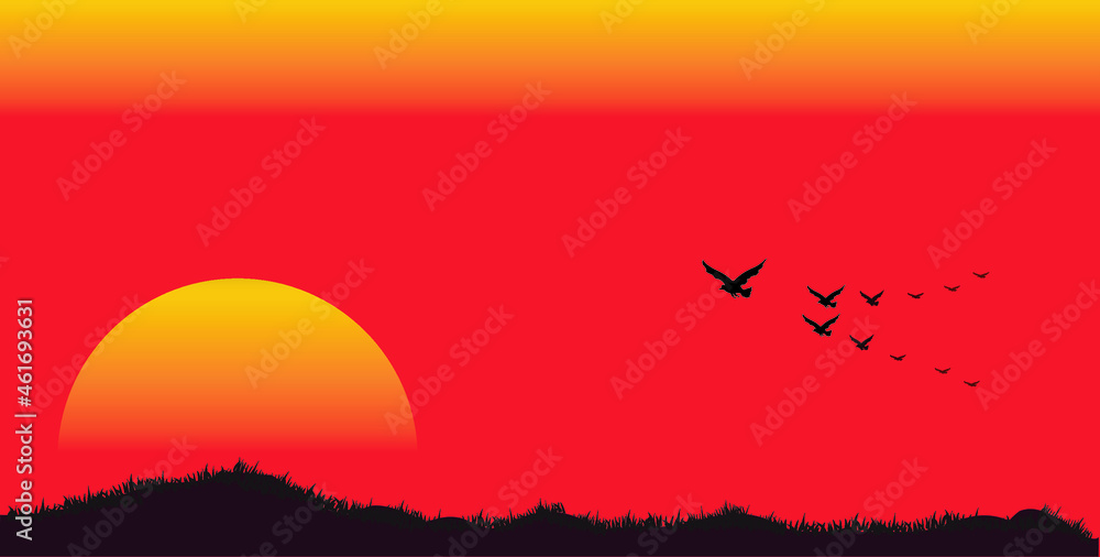 Flock of birds flying in the sky ,on a beautiful sunset background.amazing scenery.Safari.