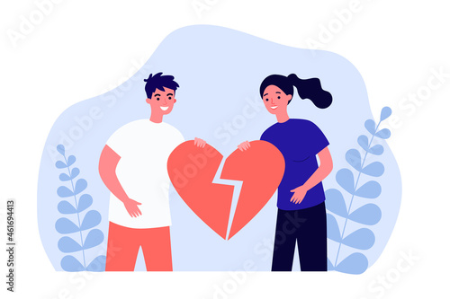 Man and woman holding broken heart together. Breakup of two ex smiling partners flat vector illustration. Love, divorce, reunion and relationship concept for banner, website design or landing web page