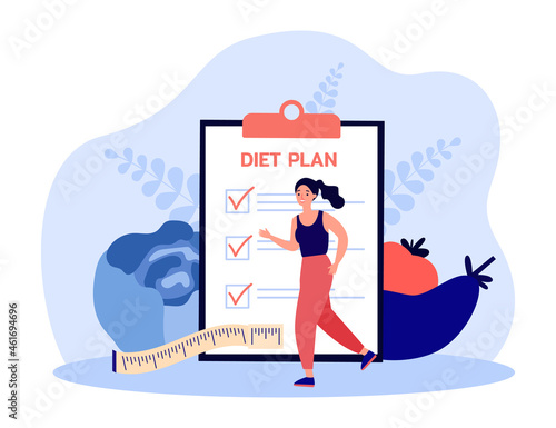 Healthy activity of woman with diet plan checklist on clipboard. Girl on jogging workout flat vector illustration. Weight loss, healthy lifestyle concept for banner, website design or landing web page